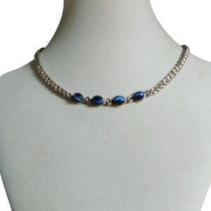 Silver Blue Cats Eye Necklace Vintage 925 Sterling Chain Lobster Clasp Mexico
